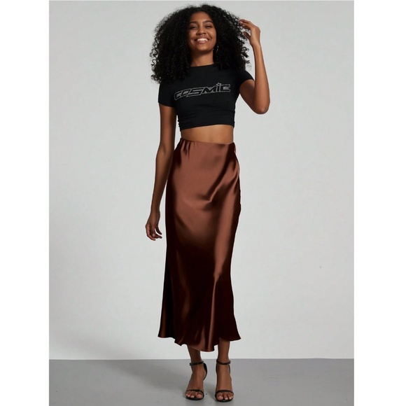 Brown Satin A-Line Skirt High Waisted Long - Picture 5 of 10
